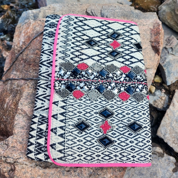 Angie Handbags - Angie Beaded Clutch Crossbody Tribal Aztec Pattern Pink Trim Chain Strap Boho